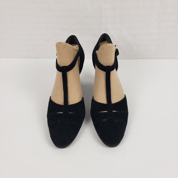 Stuart Weitzman Sz 7 Black TStrap Heels for Neiman Marcus Slits 3" Suede Shoes - Picture 4 of 16